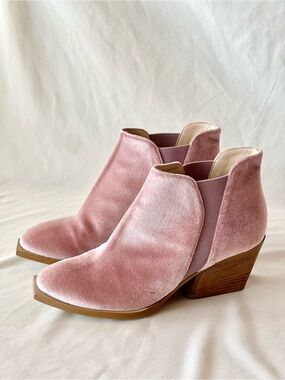 Dee Keller Pink Velvet Ankle Bootie with Block Heel & Square Toe